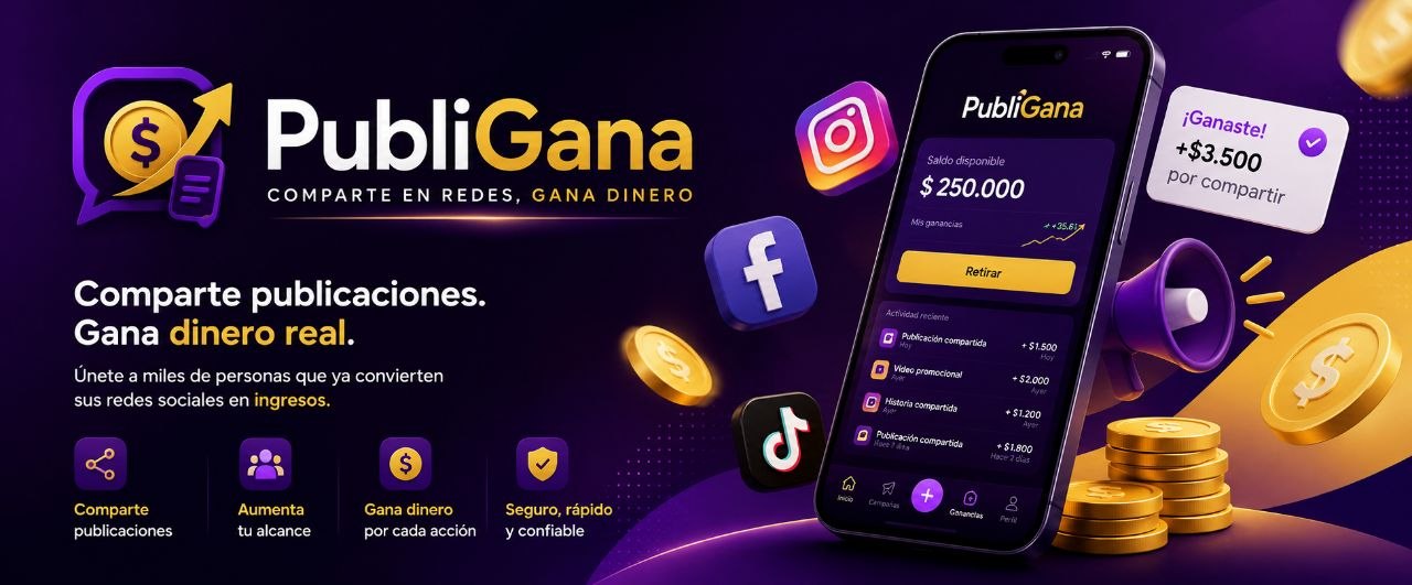 Banner de PubliGana con app móvil y redes sociales